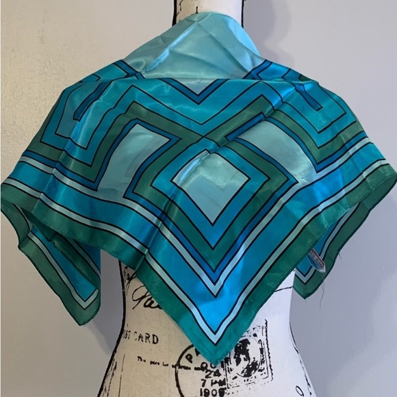 Vintage Paris Neckwear Silk Acetate Geometric Patterned Green and Blue Scarf - Picture 4 of 6